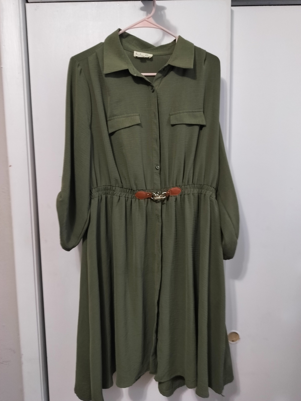 Olive Green Button-Front Midi Shirt Dress with Waist Accent